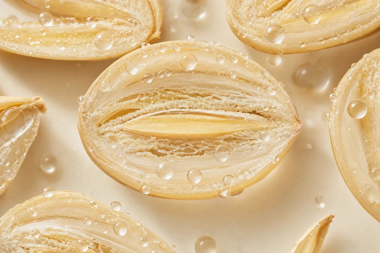 Oat grain cross-section with dew droplets on a warm cream surface. Editorial macro still life representing beta-glucan, the hydrating and soothing ingredient derived from oats.