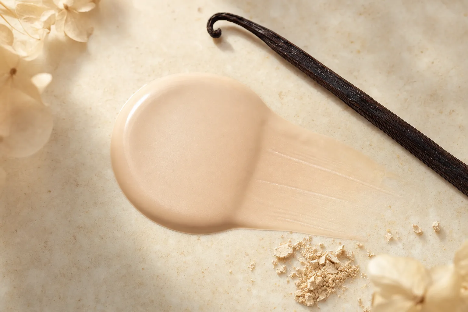 Editorial still life to accompany a cushion foundation analysis, a smooth satin base texture with a soft sheen
