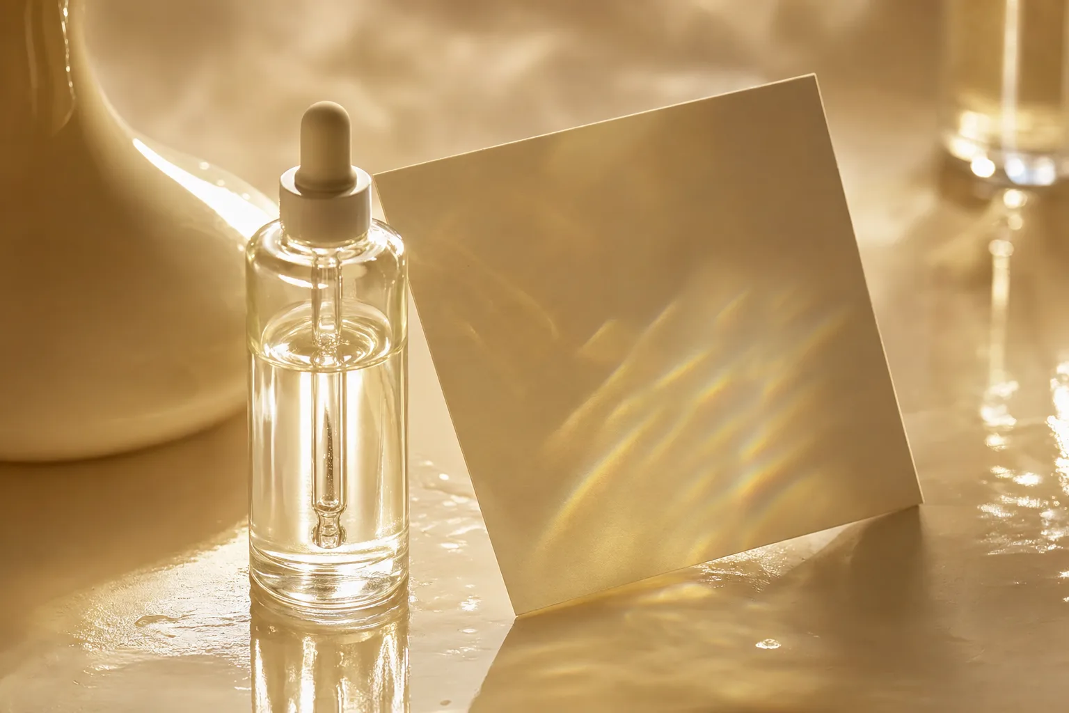 A clear glass dropper bottle catching warm backlight beside a blank cream card, editorial macro photography