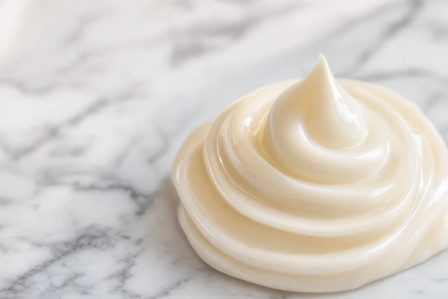 A sealed frosted glass cosmetic vial resting on a warm cream ceramic surface, editorial macro photography suggesting formulation precision and preservation