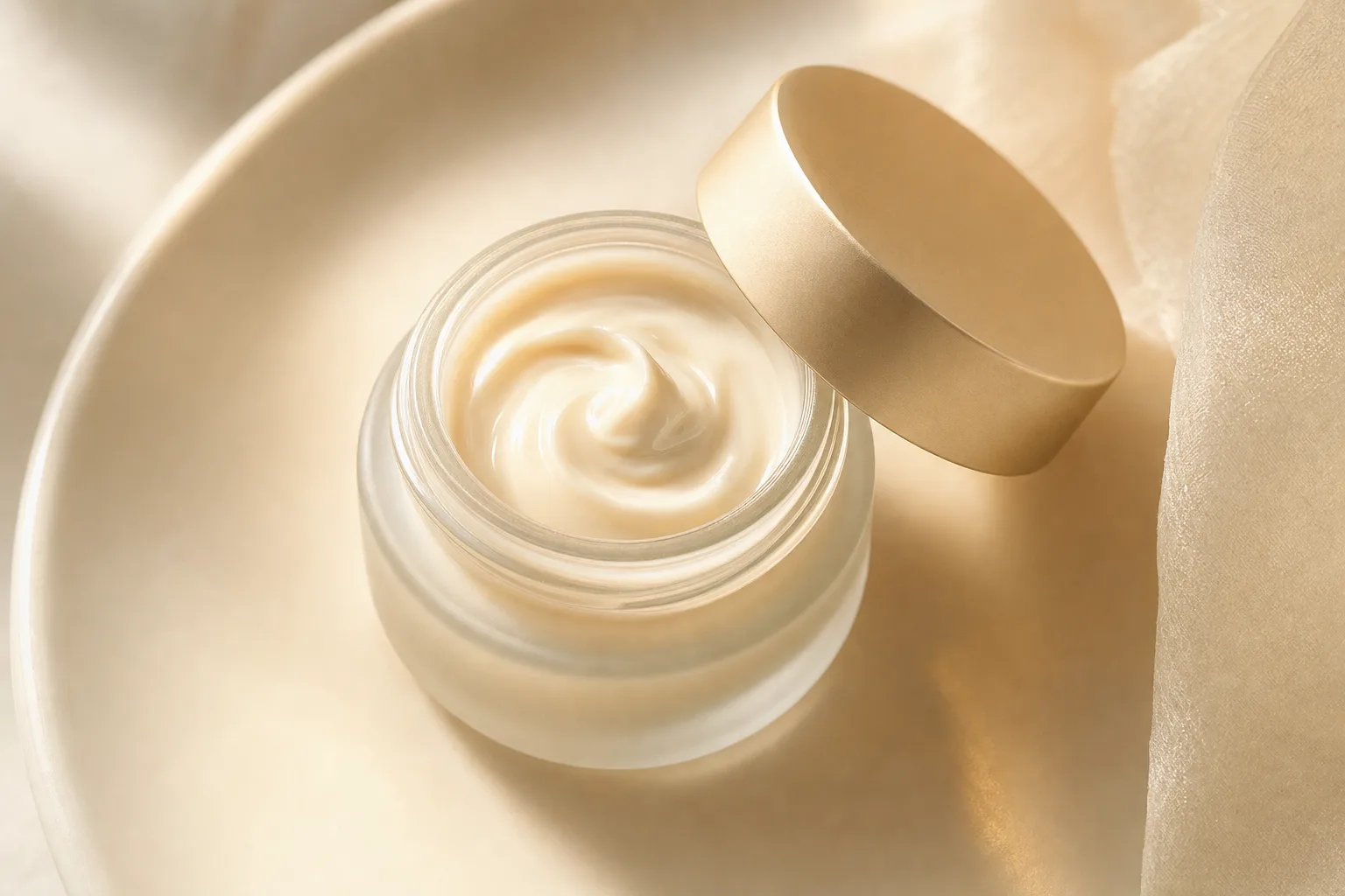 Editorial macro photo of a small frosted glass eye cream jar with a delicate cream swirl