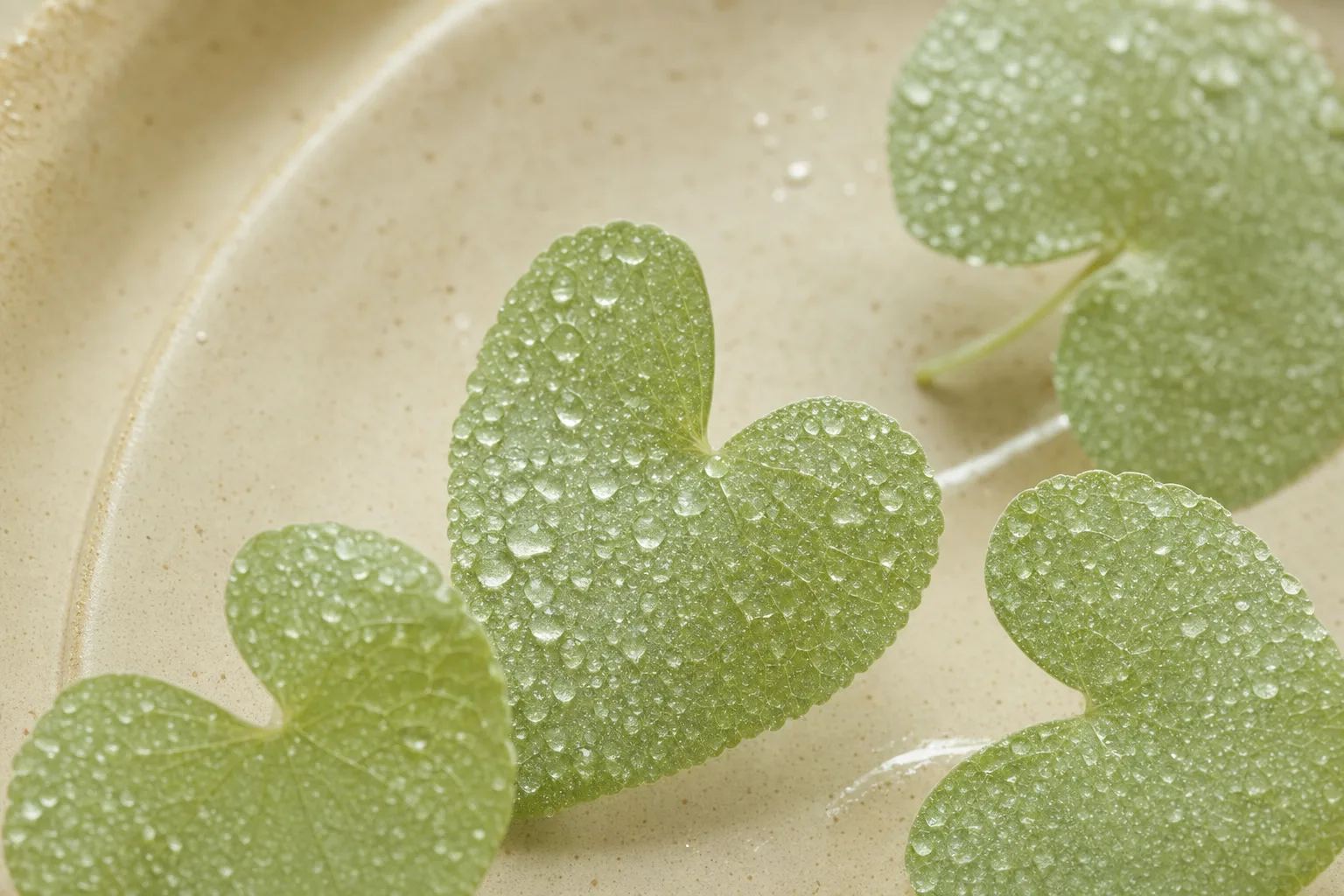 Editorial macro photograph of morning dewdrops on pale sage-green herb leaves arranged on a warm cream ceramic surface