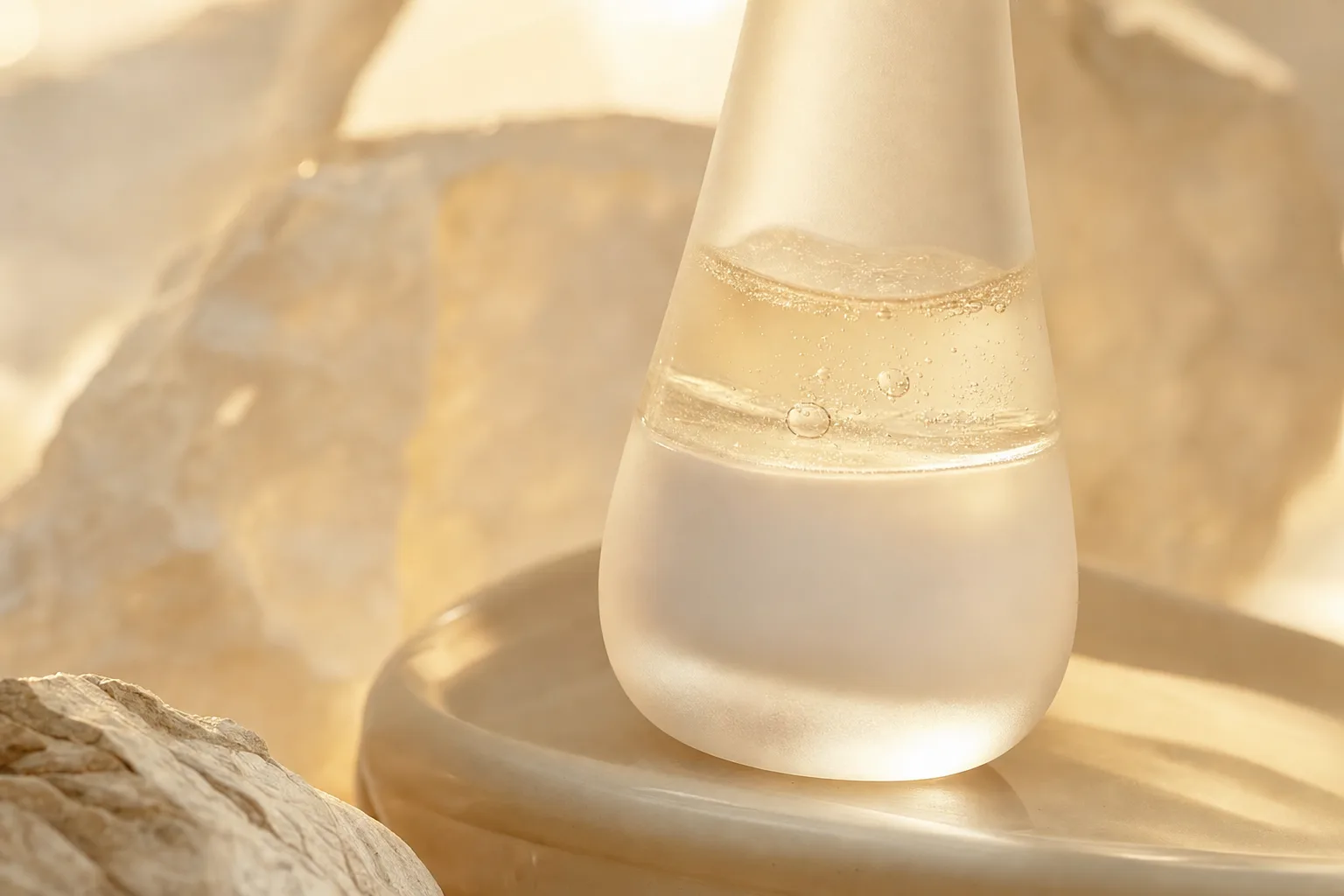 Editorial macro of a glass vessel showing two distinct translucent liquid layers representing mineral and chemical UV filter formulations
