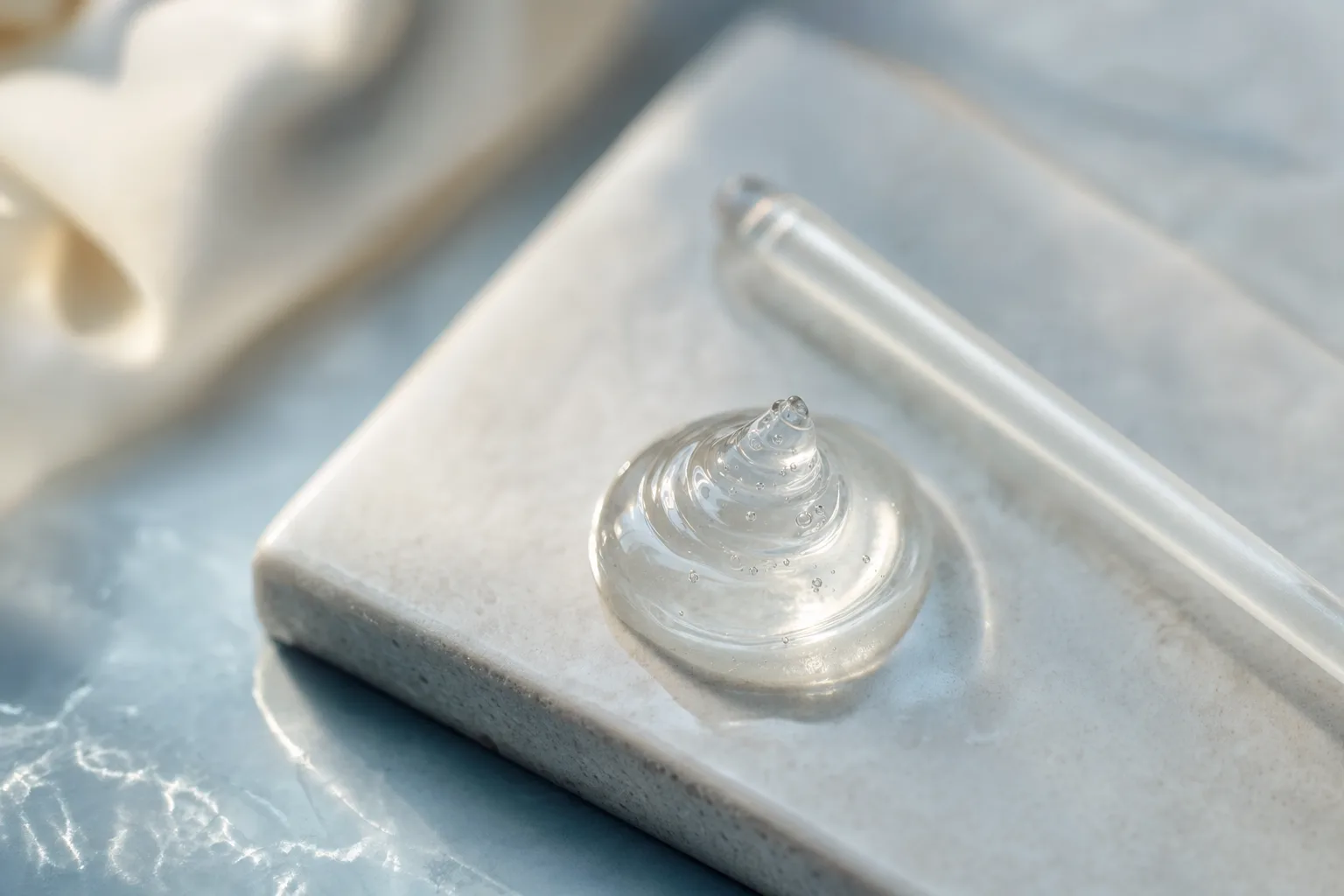 A precise translucent skincare gel swirl carefully dispensed onto a smooth ceramic tile surface, editorial macro photography