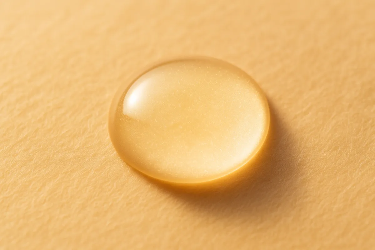 A translucent serum drop catching warm diffused light on a soft cream surface, editorial macro photography