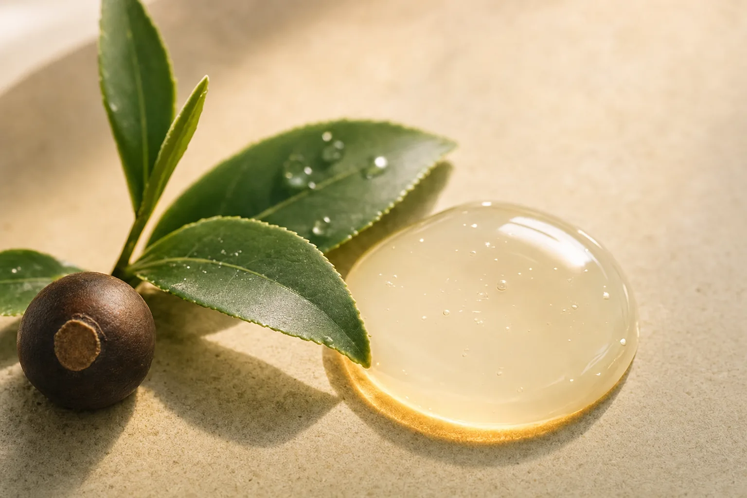 Editorial sunscreen-texture still life with green tea leaves for Shiseido Universal Defense S
