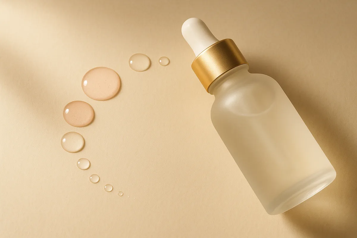 Two contrasting skincare serums representing different pH levels, editorial macro photography with warm cream tones