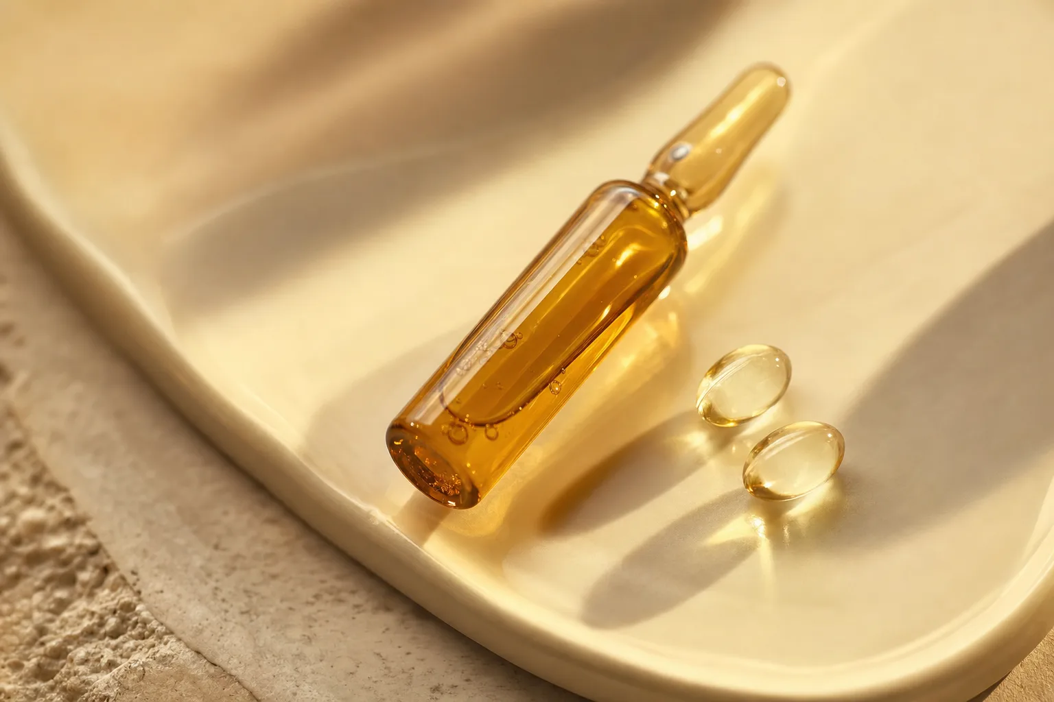 Amber glass ampoule bottle holding vitamin E oil beside soft capsules, editorial macro still life representing the antioxidant ingredient tocopherol.