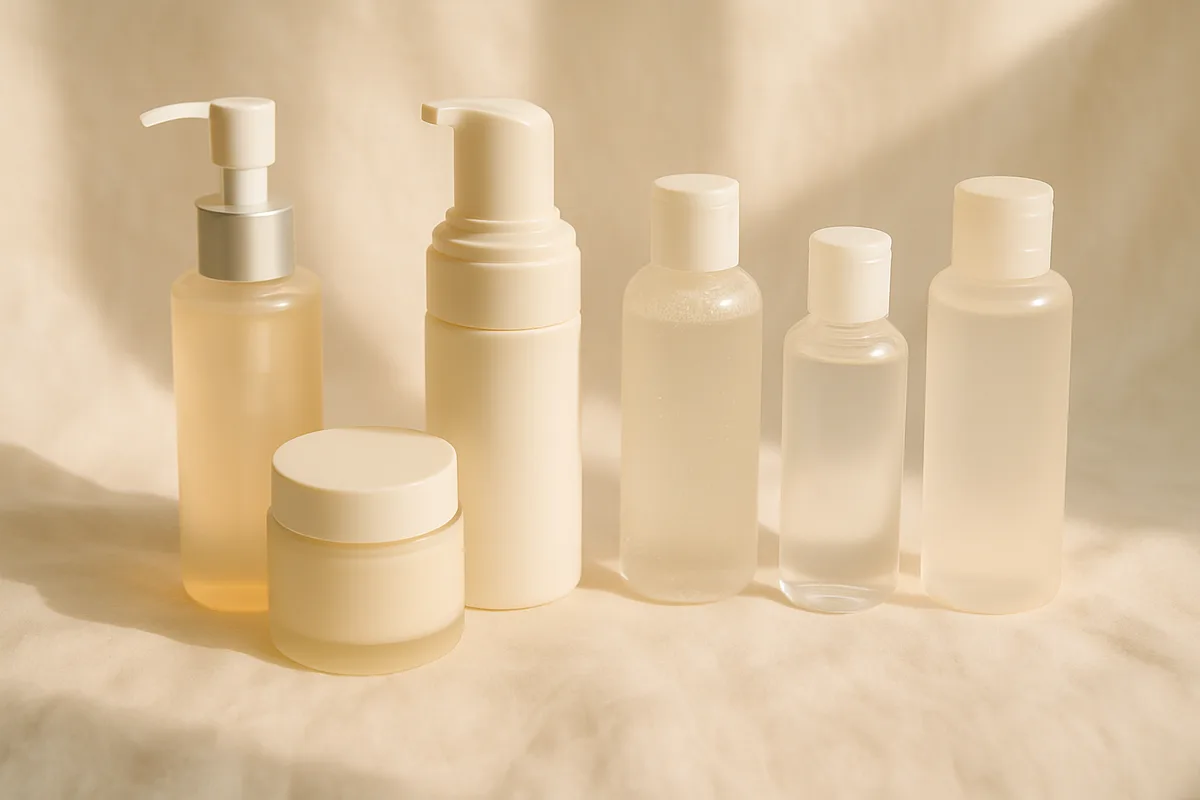 Six cleanser types arranged in a calm still life