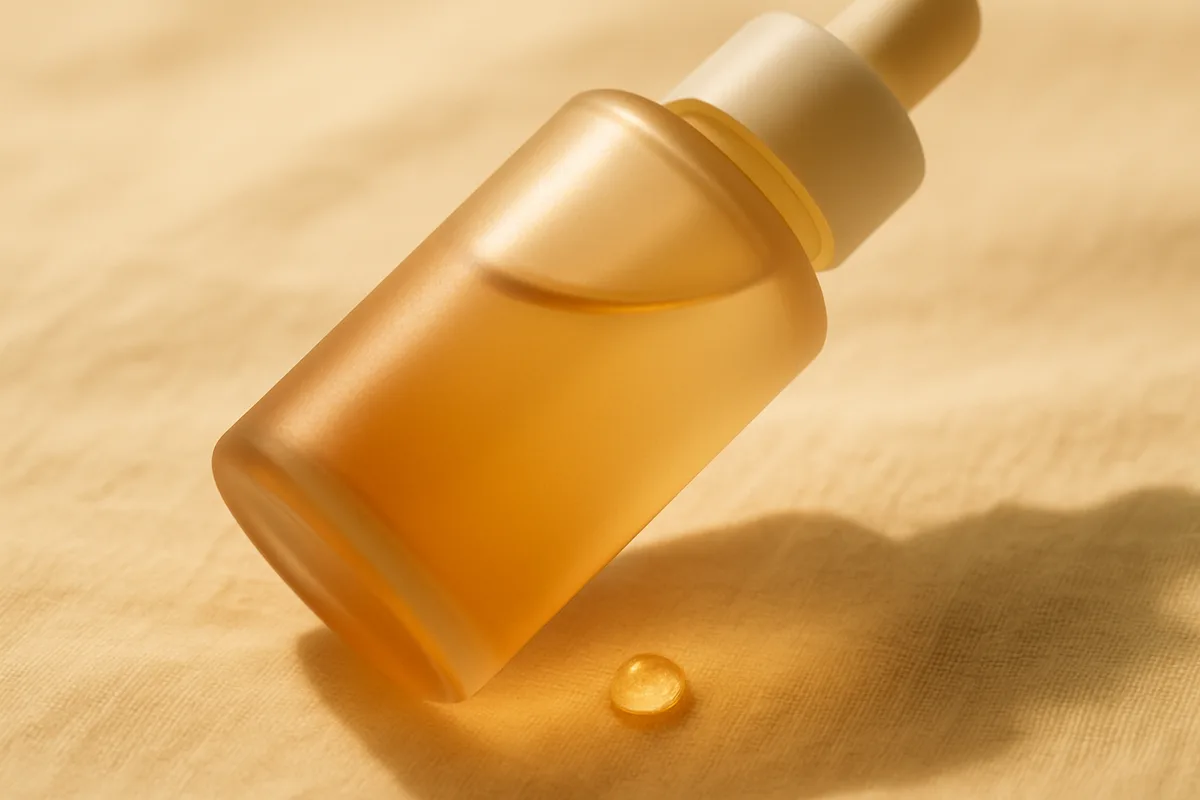Still life of a single droplet of clear serum catching the light