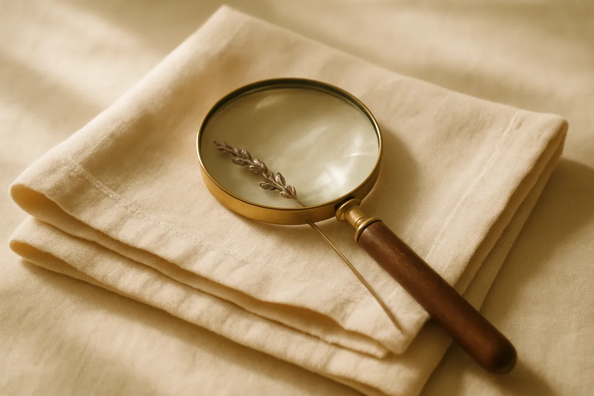 Still life of a magnifying glass resting on a lavender leaf