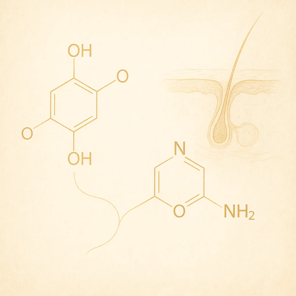 Molecular structures of salicylic acid and niacinamide beside a pore cross-section diagram in elegant gold line work