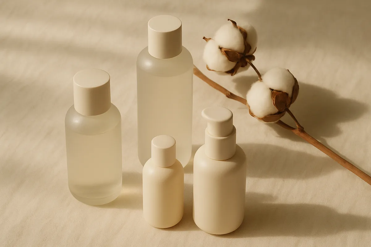 A calm still life of gentle, pregnancy-safe skincare on a warm cream background