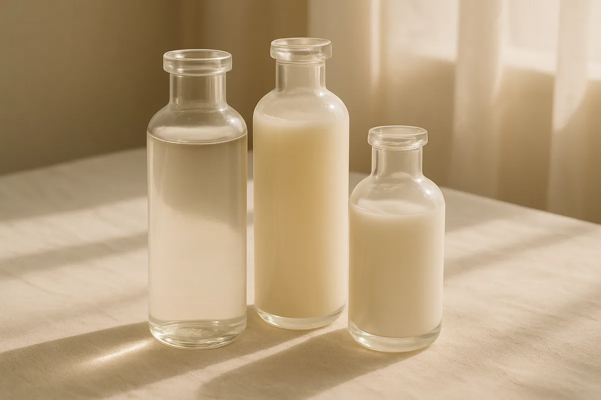 Three skincare products of differing thickness arranged in order from thin to rich