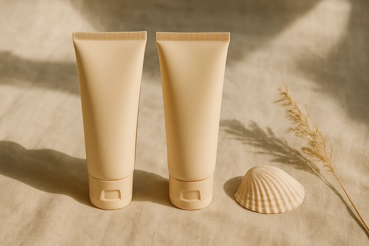Sunscreen still life on a sand-toned surface