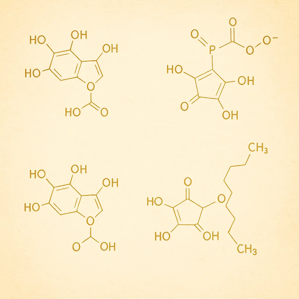 Diagram of four vitamin C molecular structures drawn in elegant gold lines